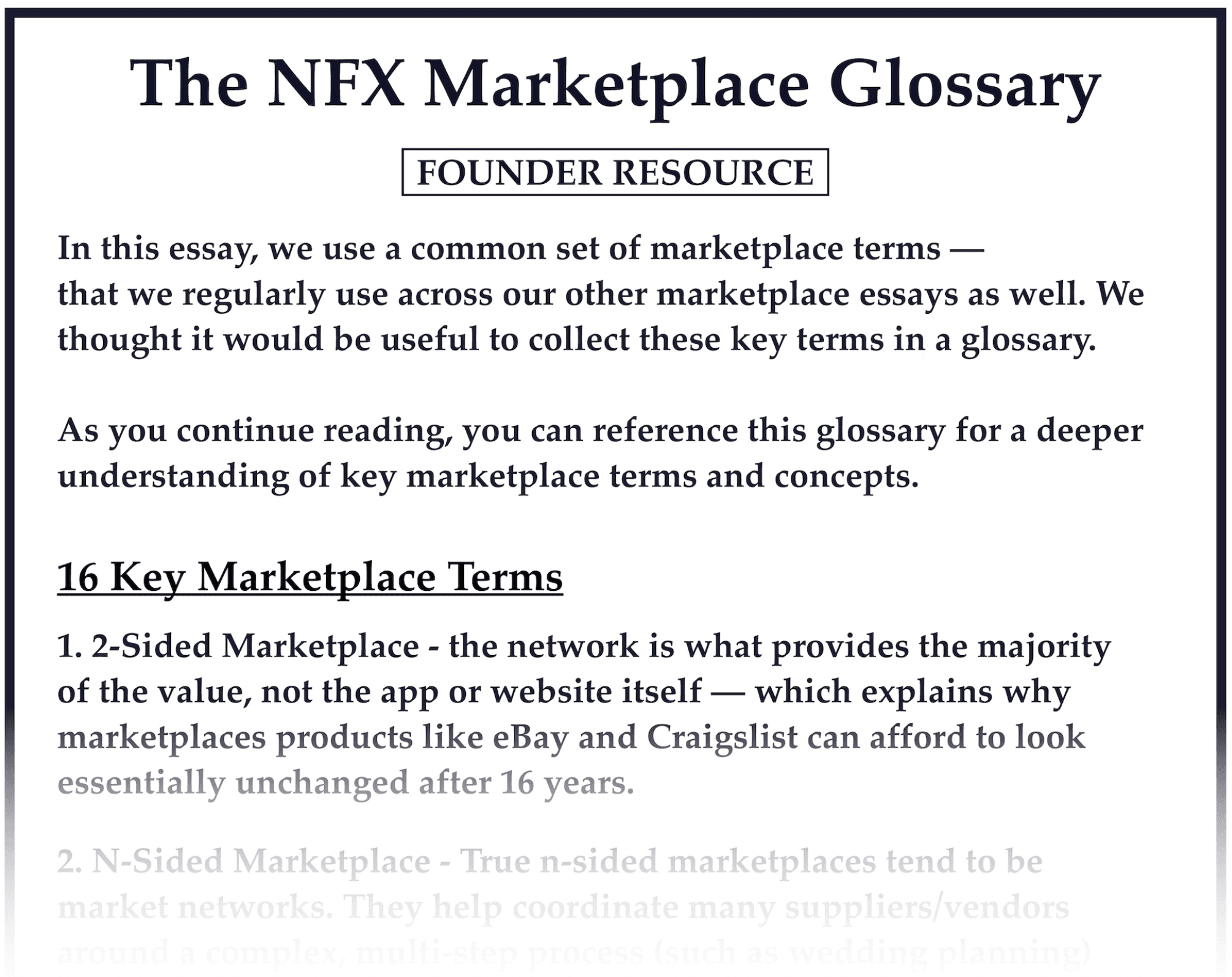 The NFX Marketplace Glossary -- Founder Resource